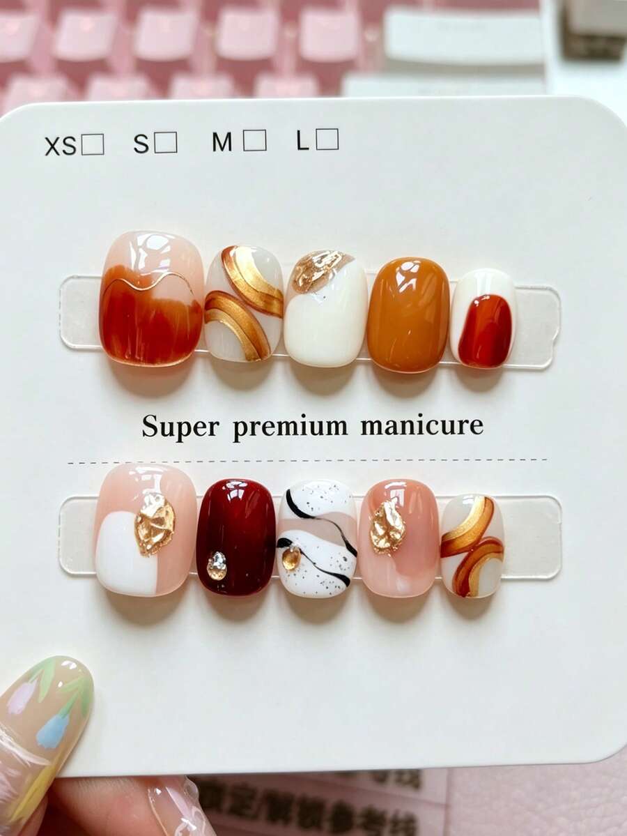 10 Pcs Short Square Press-On Nails, Caramel Reddish Brown Gradient With Gold Foil Hand Drawn Lines, Maillard Style Handmade Nail Tips For Daily Commute, Travel & Autumn Winter Photoshoot - Multicolor - View 1