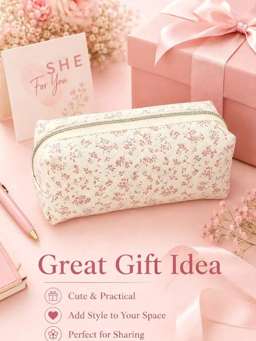 1pc Floral Print Canvas Pencil Case, Lightweight Zipper Stationery Storage Bag, Portable Pen Holder, Suitable For Storing Small Items In School And Office - Multiple Styles - View 1