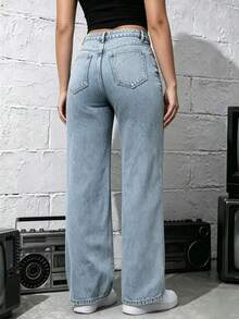 Teen Girl Pocket Button Fashion Casual Versatile Straight Leg Denim Jeans - Medium Wash - View 2