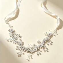 1pc 2-In-1 Rhinestone Pearl Leaf Bridal Sash & Headband, Adjustable Satin Ribbon Wedding Belt For Wedding Gown - Silver - View 9