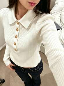 Women's Autumn/Winter Oversized Collar Knit Sweater, Slim Fit Flattering Long Sleeve Base Layer, Minimalist Solid Color All-Match Style White - White - View 4