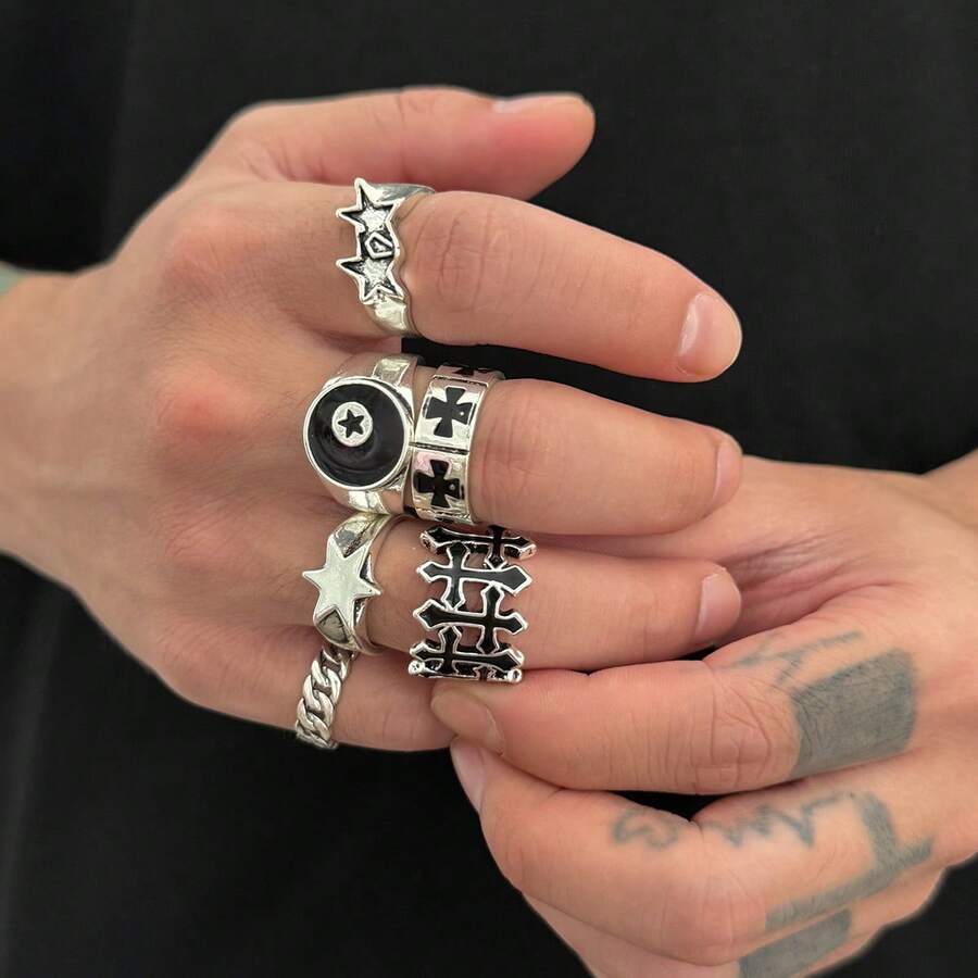 European & American Hip-Hop Niche Five-Pointed Star & Cross Ring Set, Men's Fashion Personalized Exaggerated Style Index Finger Ring - Men's Ring - View 1