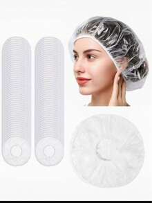 1/50/100pcs Disposable Shower Caps, Unisex Large Waterproof Plastic High Elasticity Salon Grade Hair Caps, Suitable For Thick Curly Long Hair, Mixed White, Travel Spa Home Salon Deep Hair Care - Multicolor - View 4