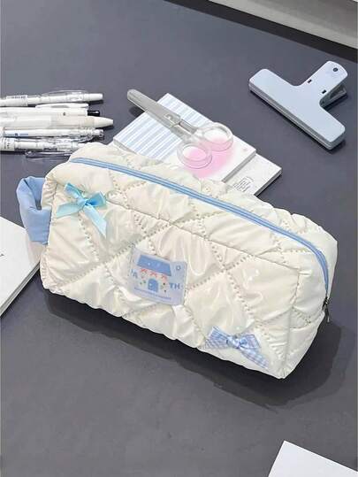 1pc Highly Attractive White Minimalist Bowknot Pencil Case, Cute Stationery Storage Bag, Large Capacity