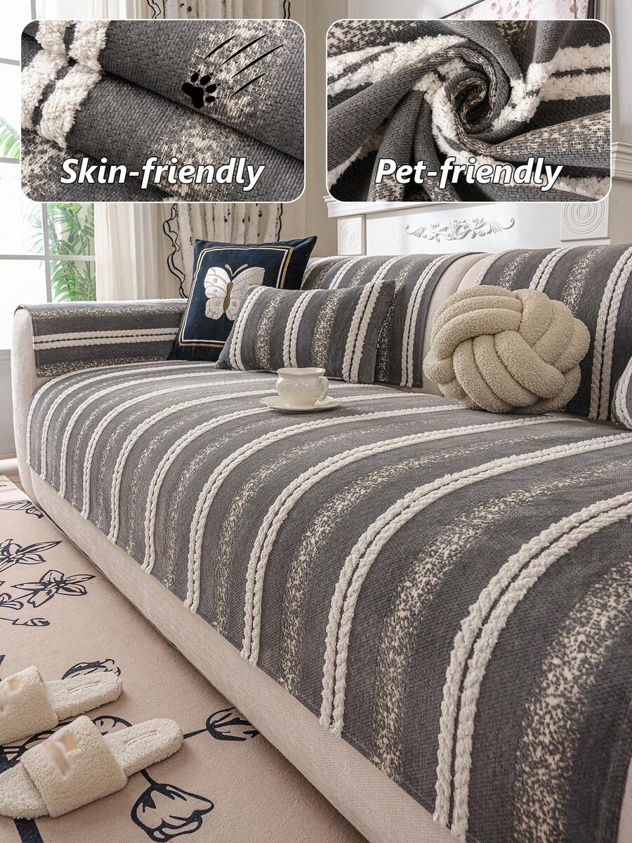 1Pc Anti-Scratch Striped Sofa Pad, Textured Woven Couch Cover, Pet-Friendly Non Slip Sofa Protector For Home Decor - Multicolor - View 1