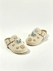 Girls' Beige Faux Suede Closed-Toe Mules With Rhinestone Detail & Adjustable Strap, Cork Footbed Casual Sandals, Little/Kids - Beige - View 4