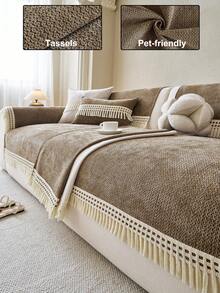 1pc Solid Color Tassel French Chenille Decorative Sofa Cover, Vacation Decor Pet-Friendly Machine Washable, Living Room Bedroom Sofa Cover Old Sofa Refurbishment, Suitable For 1/2/3/4 Seat Armrest Backrest Cover - Khaki - View 1