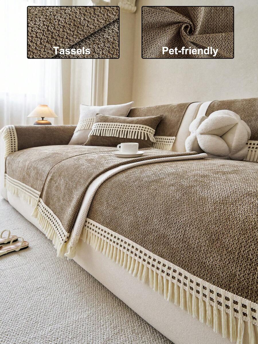 1pc Solid Color Tassel French Chenille Decorative Sofa Cover, Vacation Decor Pet-Friendly Machine Washable, Living Room Bedroom Sofa Cover Old Sofa Refurbishment, Suitable For 1/2/3/4 Seat Armrest Backrest Cover - Khaki - View 1