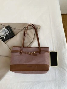 女款純色絎縫時尚大容量單肩組合托特包，磁吸開合，街頭休閒、攝影、日常通勤，大號包 - 咖啡棕 - 查看 3