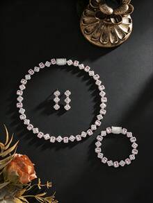4pcs Luxury Evening Style Copper Material Pink Cubic Zirconia Square Four-Leaf Flower Necklace & Earrings Set, Women's Evening Party Wedding Dress Jewelry - Multicolor - View 3