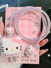 SANRIO 4-Piece Set Of Pink Cute Cat Glitter Pink Fashionable Charger Protective Case, Data Cable Protective Case Set Suitable For Phone 20w Charging Head, Suitable For 13/14/15 Charger Case Set - Multicolor - View 4