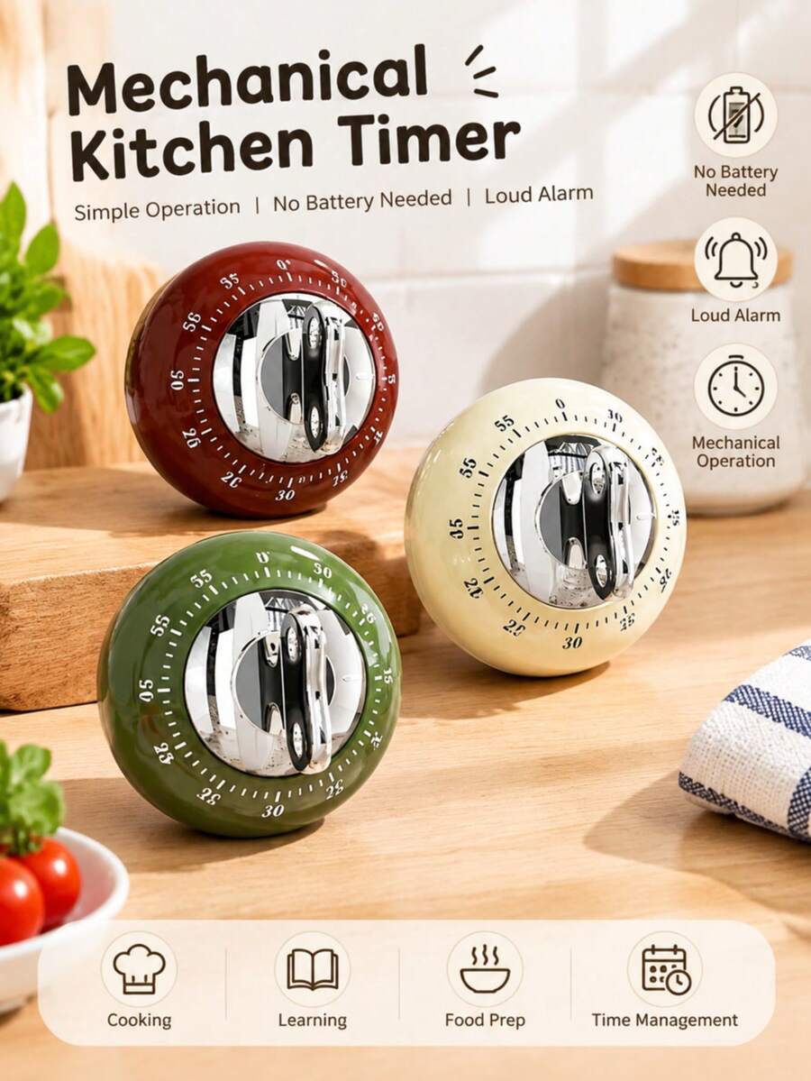 1pc Kitchen Magnetic Mechanical Timer, Cooking Countdown Timer, Food Preparation Reminder, Battery-Free & Rechargeable Design, Visual Rotating Scale Display, Loud Alarm Reminder, Precise Minute Countdown, Magnetic Backplate For Easy Mounting, ABS Material Shell, Durable Lightweight Desktop Timing Tool, Suitable For Kitchen Baking, Cooking Meal Prep, Study Focus, Classroom Teaching, Home Daily Use, Office Reminders And More - Multicolor - View 1