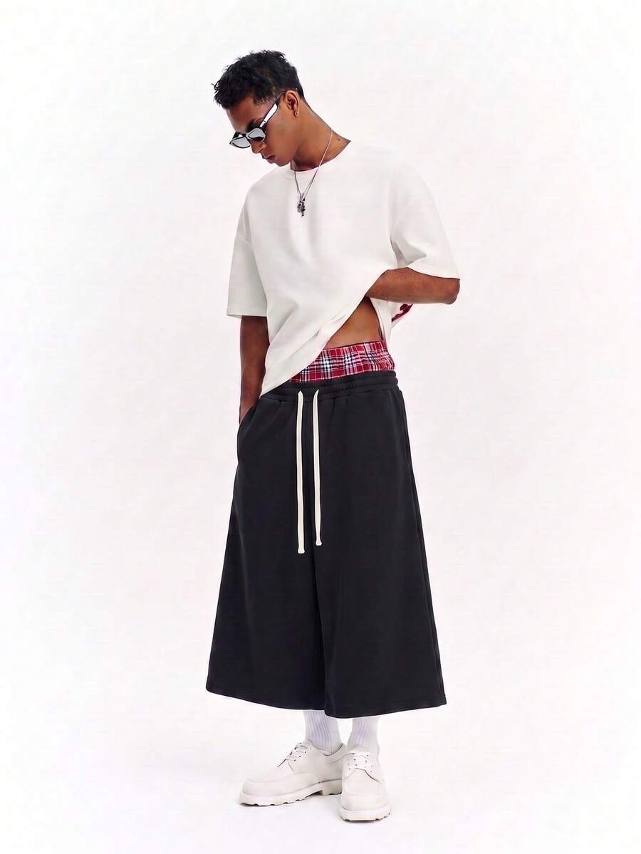 Loose Comfortable 3/4 Length Pants For Men, With Adjustable Drawstring Waist, Suitable For Outdoor Travel, Fitness Sports, Home Leisure, Perfect Gift For Boyfriend. - Black - View 1