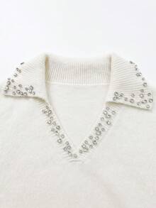 Plus Size Rhinestone V-Neck Knit Sweater, Long Sleeve Loose Elegant Pullover Top, Autumn/Winter Office Commute Blouse - Beige - View 8
