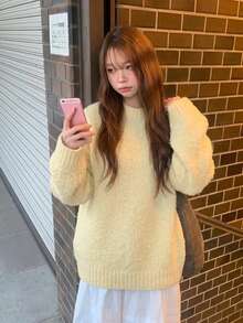 Sweater Wanita Lengan Panjang Longgar Leher Bulat Warna Polos Gaya Kampus, Musim Gugur/Dingin - Aprikot - View 4