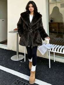 Seelio Autumn/Winter New Faux Fur Effect Mid-Length Thick Warm Coat With Belt - Chocolate Brown - View 1