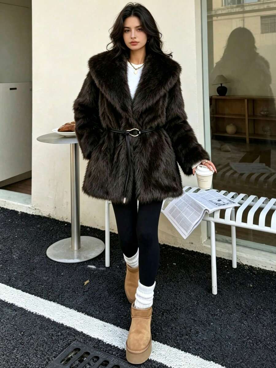 Seelio Autumn/Winter New Faux Fur Effect Mid-Length Thick Warm Coat With Belt - Chocolate Brown - View 1