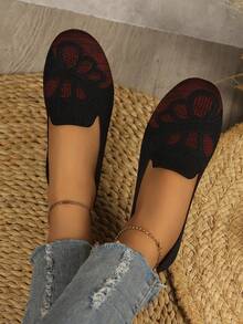 Vintage Jacquard Knit Slip-On Shoes, Soft Sole Lightweight Slip-On Flat Shoes For Commuting And Casual Wear - Black - View 2