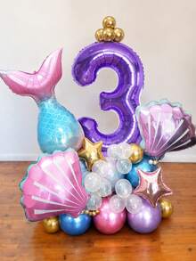 46件組美人魚主題生日氣球套裝，魚尾與貝殼造型 40英吋紫色 0-9數字鋁箔氣球，主題派對場景裝飾 - 彩色 - 查看 3