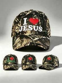 1pc Women Camo Hat I LOVE JESUS Embroidery Baseball Cap Adjustable Design Stylish Hiking Hat Perfect For Outdoor Activities Hiking And Everyday Wear. - Camouflage - View 1