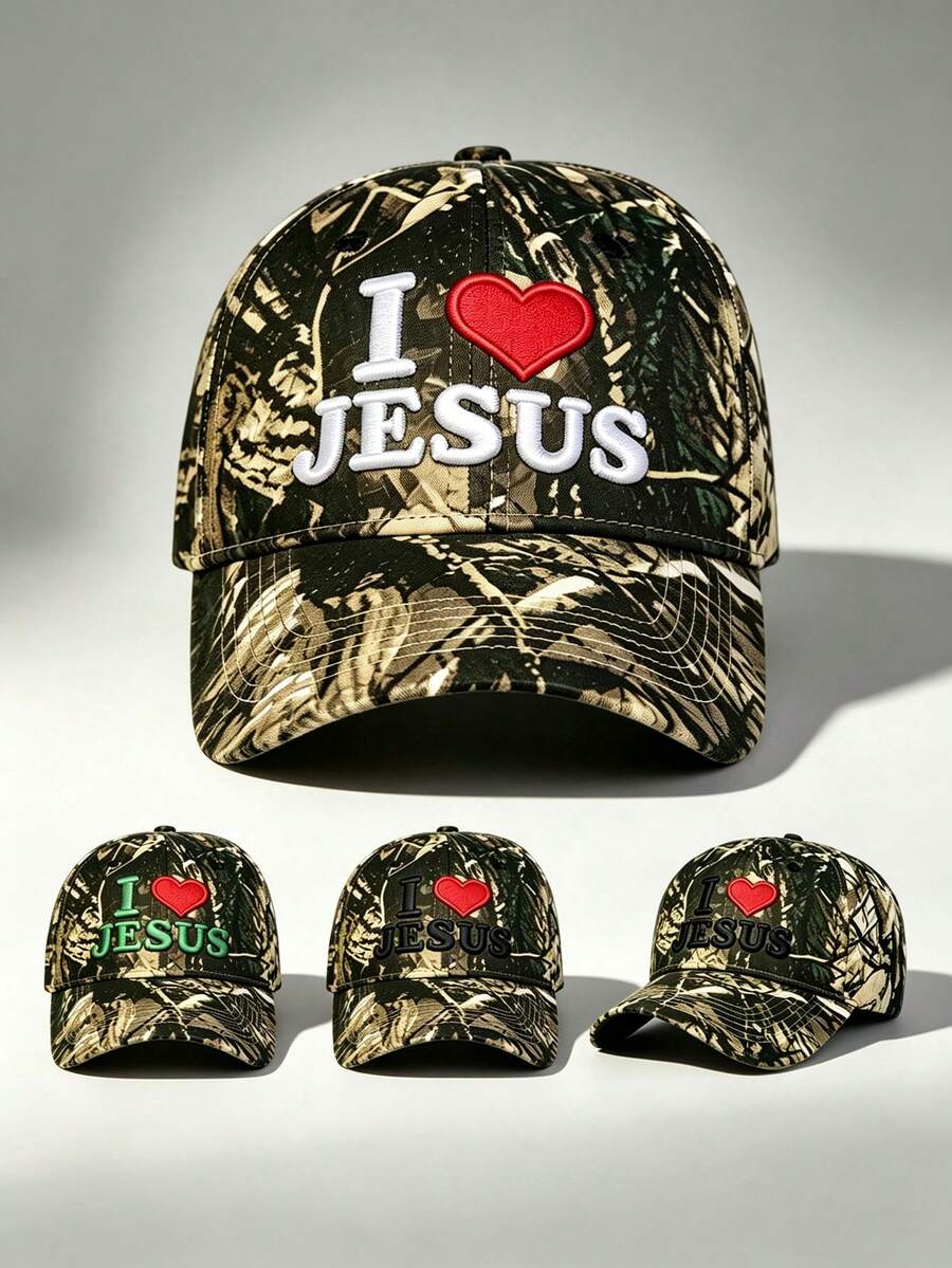 1pc Women Camo Hat I LOVE JESUS Embroidery Baseball Cap Adjustable Design Stylish Hiking Hat Perfect For Outdoor Activities Hiking And Everyday Wear. - Camouflage - View 1