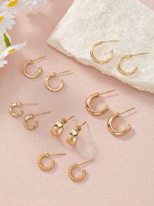 6 Pairs Minimalist C-Shaped Unique Earrings For Women, Suitable For Daily Wear, Parties And Outings, Jewelry Gift - Yellow Gold - View 2