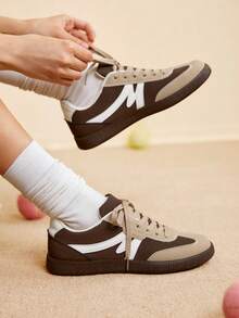 TCVC Women Vintage Patchwork Flat Sneakers, Faux Suede Contrast Graphic Lace-Up Low Top Casual Trainers, Gum Sole All-Match Daily Shoes - Brown - View 7