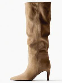 French Blogger Style Pointed Toe Wide Shaft Knee-High Boots, Nordic Kitten Heel Riding Boots For Women, Ins Fashion - Khaki - View 3