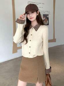 Women's 2-In-1 Knit Cardigan Sweater, Spring Outfit, Colorblock Plaid Polo Collar, Preppy Style Top - Apricot - View 8