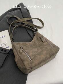 Vintage Distressed Large Capacity Tote Bag, Multiple External Zipper Pockets, Adjustable Extended Shoulder Strap, Casual Relaxed Bag Shape, Ample Internal Storage Space, Can Store Various Personal Items, Suitable For Commuting, Travel, Daily Outings, Creating A Lazy Atmosphere Outfit - Grey - View 4