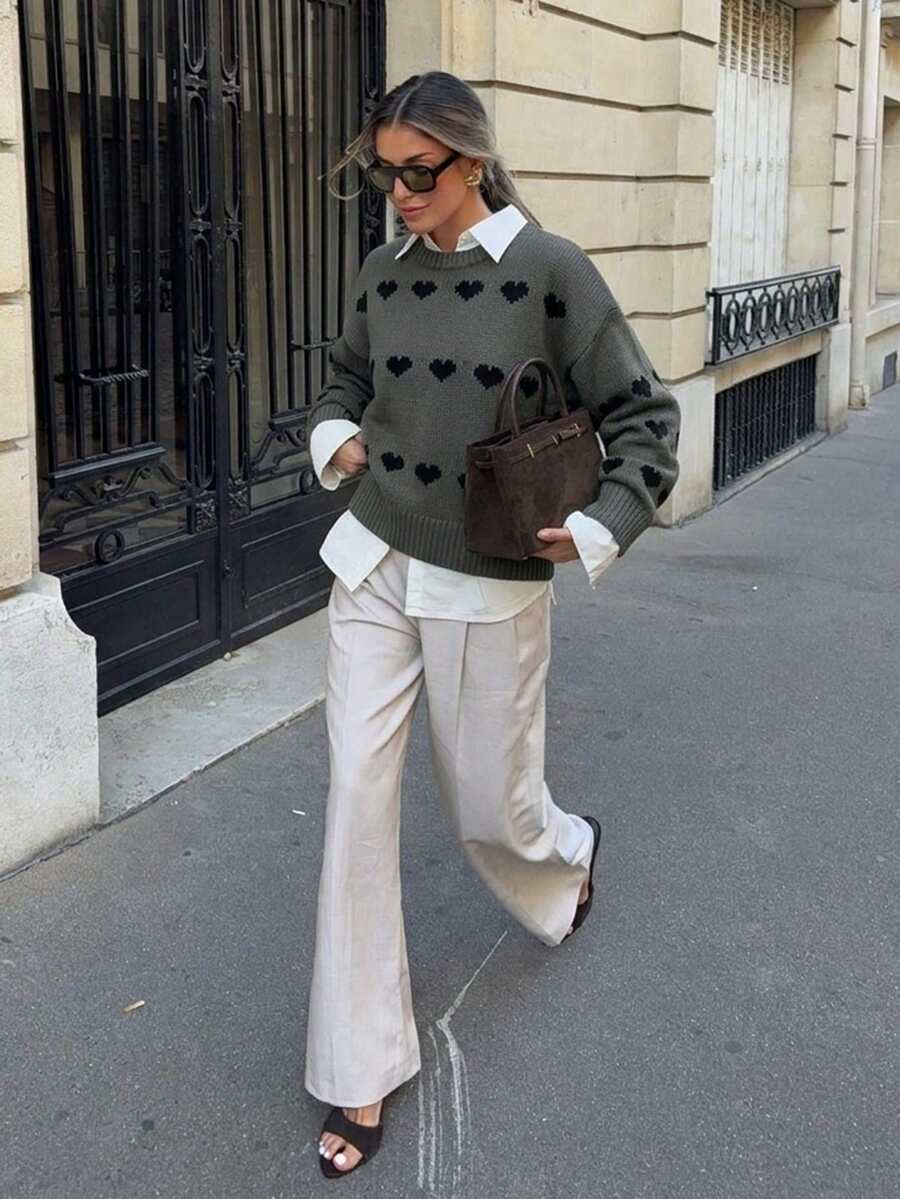 Valentine's Day Heart Pattern Loose Fit Versatile Casual Sweater - Grey - View 1