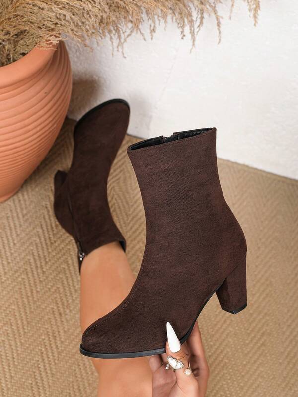 Women's Fashion Chunky Heel Short Boots With Side Zipper, Slip-On Elastic Ankle Boots, Slimming Winter Boots, Vintage Riding Boots