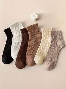 6 Pairs Women's Solid Color Diamond Pattern Short Socks - Breathable & Comfortable, Lace Trim, Suitable For Spring/Summer, Cute Socks - Multicolor - View 5