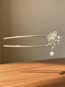 1pc French Style Metal Hollow Butterfly U-Shaped Hair Pin With Green Oil-Drip Textured Pearl Pendant, Bridal Banquet Back-Of-Head Updo Hair Accessory - Multicolor - View 4