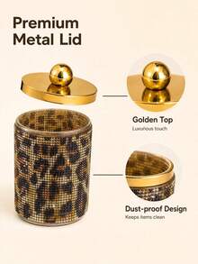 Luxury Leopard Print Acrylic Bathroom Storage Canister, Gold Lid Transparent Storage Box With Bamboo Base, Vanity Organizer - Multicolor - View 8