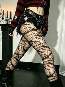 1/2pcs Women's Gothic Fishnet Tights Set,Spiderweb & Spider Motif Sheer Pantyhose,Stretchy Mesh Stockings For Halloween Party Outfits & Daily Wear Set - Black - View 6