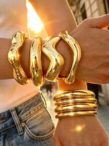 4/1pc Vintage Fashion Exaggerated Wide Asymmetrical Metal Bracelet Set For Women, Casual Style, Suitable For Daily Wear, Vacation, Gathering, Party, Holiday, Gift - Yellow Gold - View 3