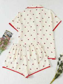 2pcs Women's Comfortable Red Cherry Print Short Sleeve Collared Top And Bow Shorts Pajama Set - Apricot - View 2