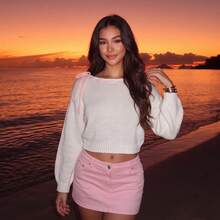 Women's Ribbed Knit Short Sweater, Knot Detail, Long Sleeve Regular Hem, Suitable For Autumn/Winter - White - View 4