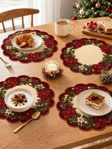 Red Christmas Flower Placemat, White Christmas Flower Holly Leaf Berry Gold Bell Wreath Print Table Mat, Suitable For Christmas Dinner Family Gathering Table Setting Holiday Home Decor - Multicolor - View 2