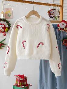 Girls Cute Embroidered Candy Cane Pattern Crew Neck Short Knit Pullover Sweater Long Sleeve Suitable For Christmas Daily Casual Spring Autumn Winter - Apricot - View 1