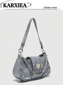 3-Strap Y2K Biker Chic Handbag, Fashionable PU Leather Casual Shoulder/Crossbody Bag With Heart Decor, Versatile For Women, Girls, Students, Young Professionals, Office Ladies - Blue - View 7