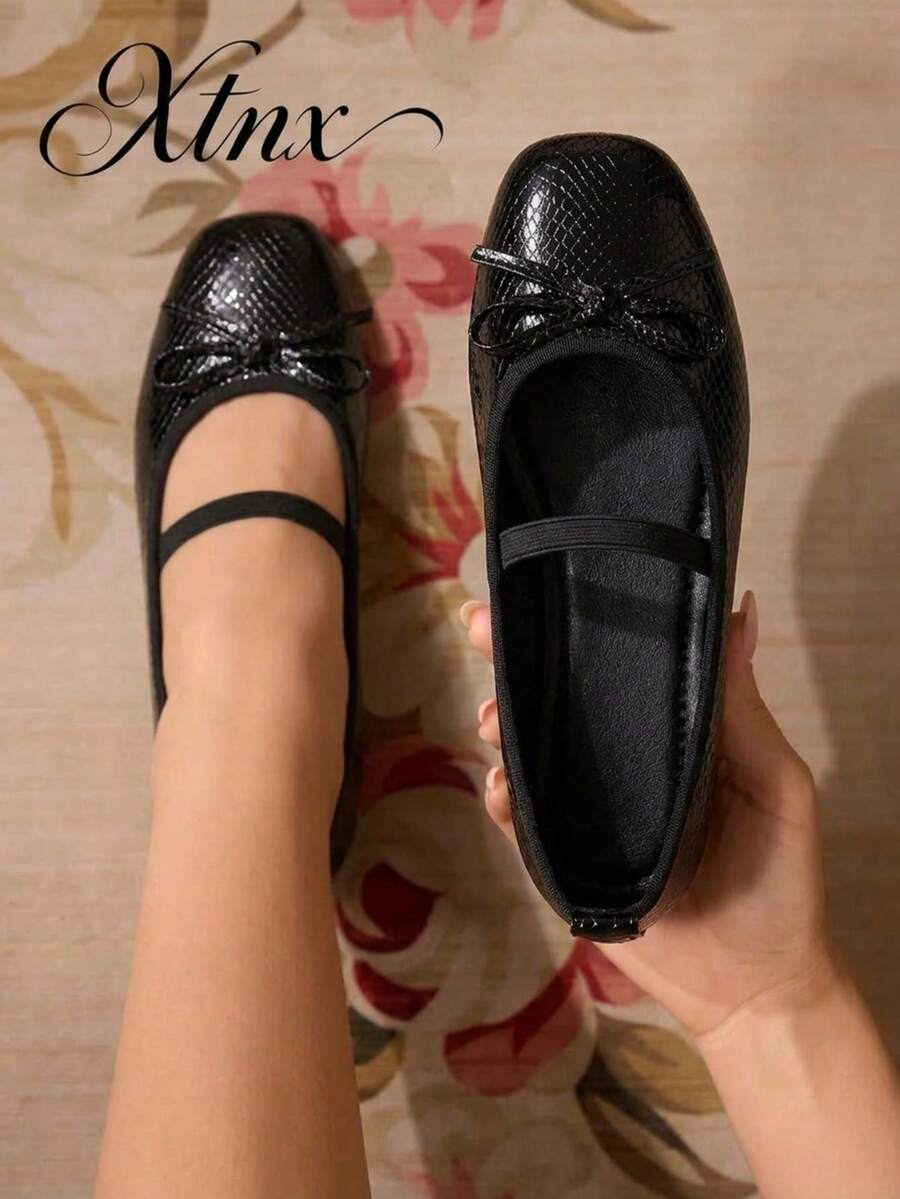 Women's Vintage Ballet Style Bow Snake Print Square Toe Single Strap Flat Shoes - Black - View 1