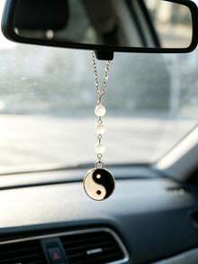 Black & White Tai Chi Yin Yang Car Hanging Ornament Cat Eye Beaded Rearview Mirror Pendant Niche Car Interior Decoration Peace Charm - A - View 6