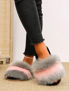 1 Pair Women's Contrast Color Long Plush One-Strap Indoor Comfortable Soft Sole Fuzzy Slippers - Pink - View 8