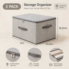Gray And White Striped Fabric Storage Box, Full Zipper Design, Dual Fabric Handles, Foldable Dust-Proof Stackable Closet Organizer, Large Capacity Storage Container, Suitable For Clothes, Blankets, Bed Sheets, Toys, Bedroom Wardrobe, Dorm And Apartment Home Storage - Multicolor - View 10