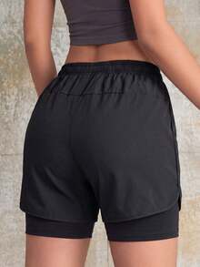 2-In-1 Women Sports Shorts, Solid Color Lining 2 In 1 Elastic Workout Pants, Suitable For Running, Sports, Yoga, Fitness In Summer - Black - View 3