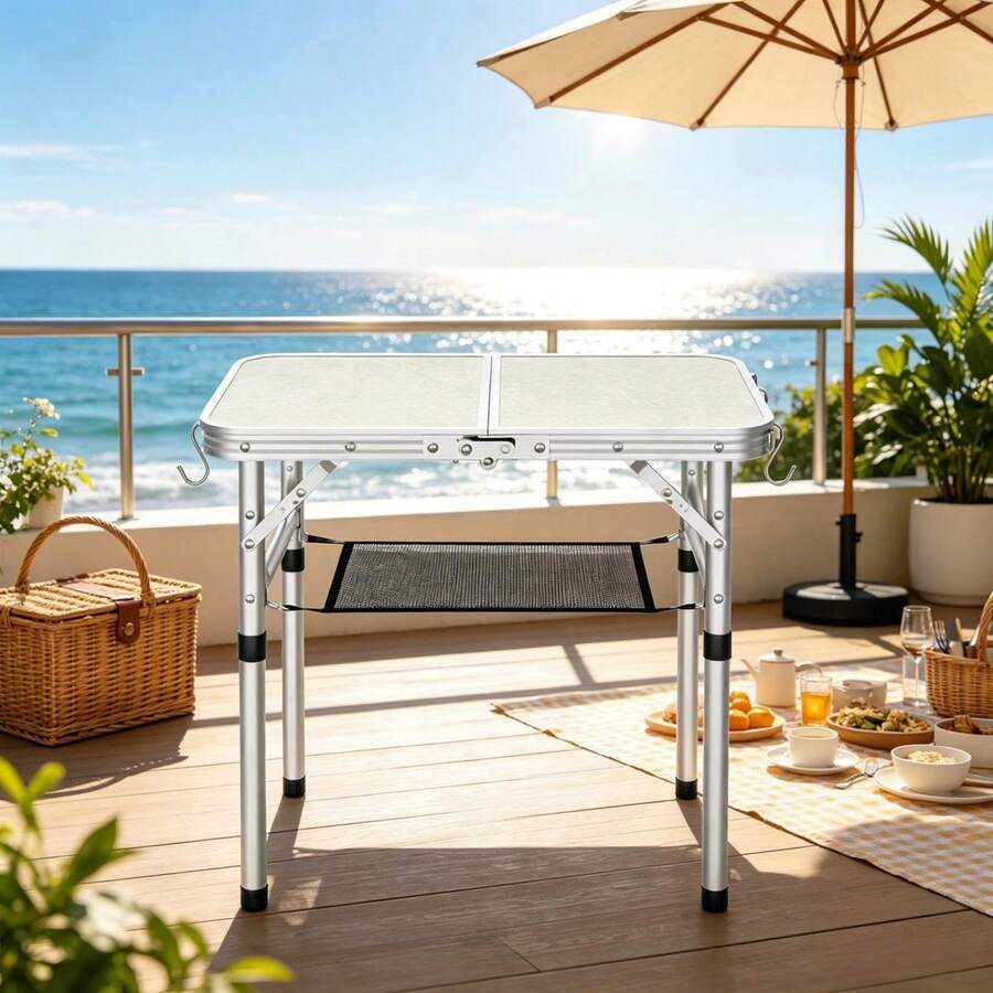 Adjustable Height Folding Table Portable With Storage Net And Hooks Picnic Garden Camping Outdoor Use - 1 - View 1