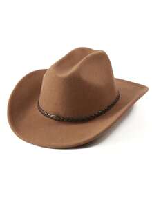 1pc Men's Western Cowboy Hat, Solid Color, Metal Hat Band Decoration, Rolled Brim Jazz Style, Casual Versatile, Party, Daily Wear - Multicolor - View 9