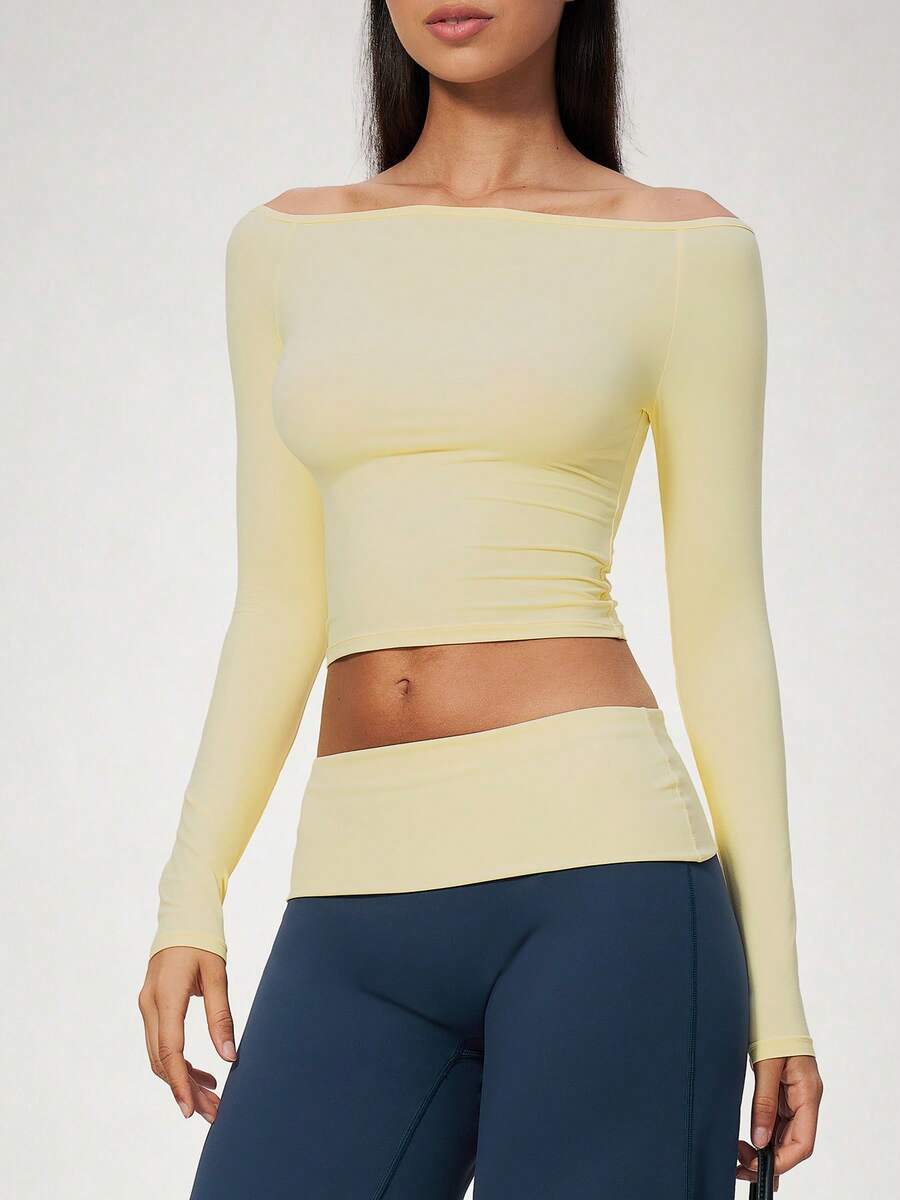 NcmRyu Women's 1pc Solid Color Off-Shoulder Base Layer Top, Fashionable Versatile Slim Fit Soft Stretchy Athletic Top, Autumn/Winter - Yellow - View 1